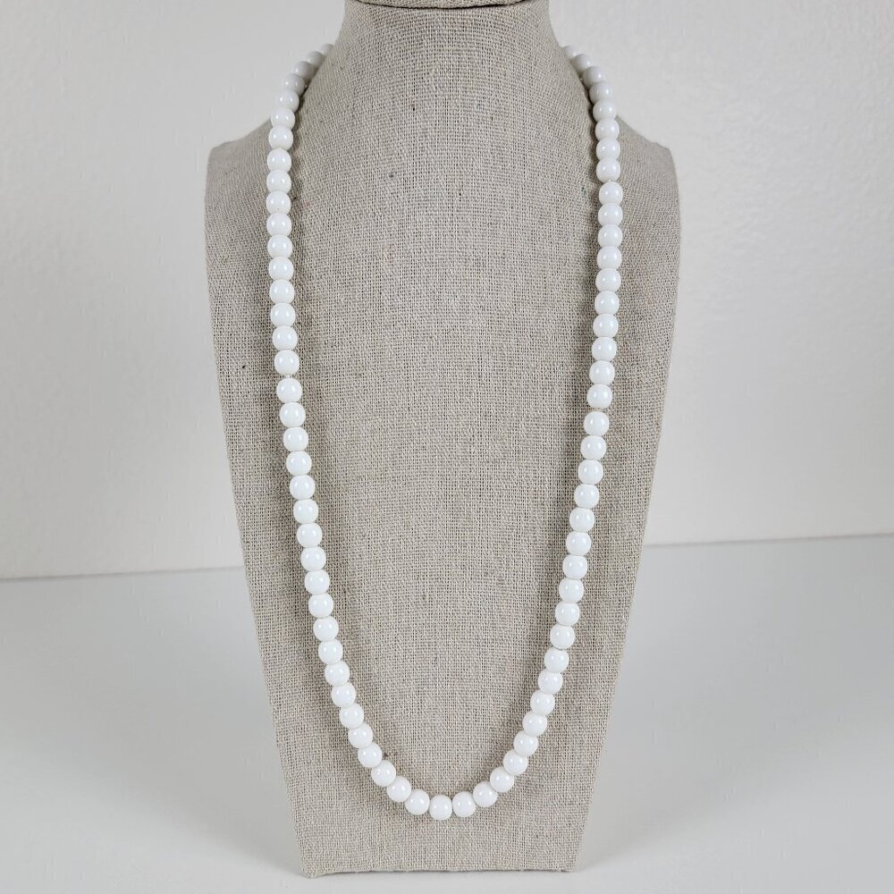 Vintage Sterling Silver White Milk Glass Beaded Necklace 26" Spring Ring Clasp